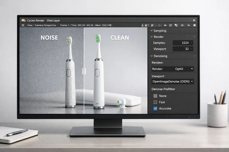 Cycles örnek sayısını dengelerken denoise ile etiket yazılarını koruyacak temiz sonuç elde etmek