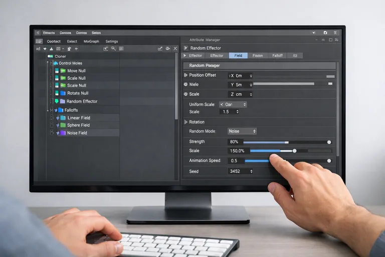 Effector ve Field katmanlarını okunur isimlerle düzenleyen, kontrol null’ları ayrıştırılmış Cinema 4D proje yapısı
