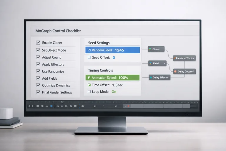 Kontrol listesiyle test edilen MoGraph düzeni; adet, seed ve alan ayarları tek panelden yönetilen yapı