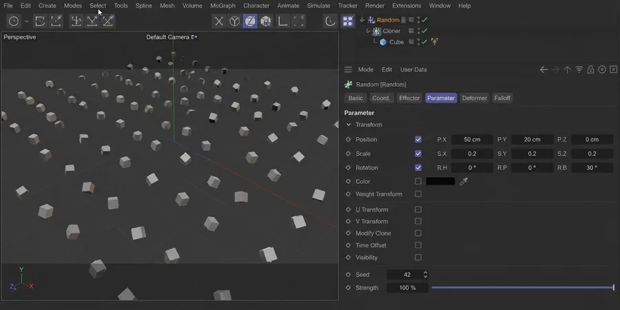 C4D Random Effector Parameter Position Scale Rotation slider ve Seed 42 field Strength yüzde