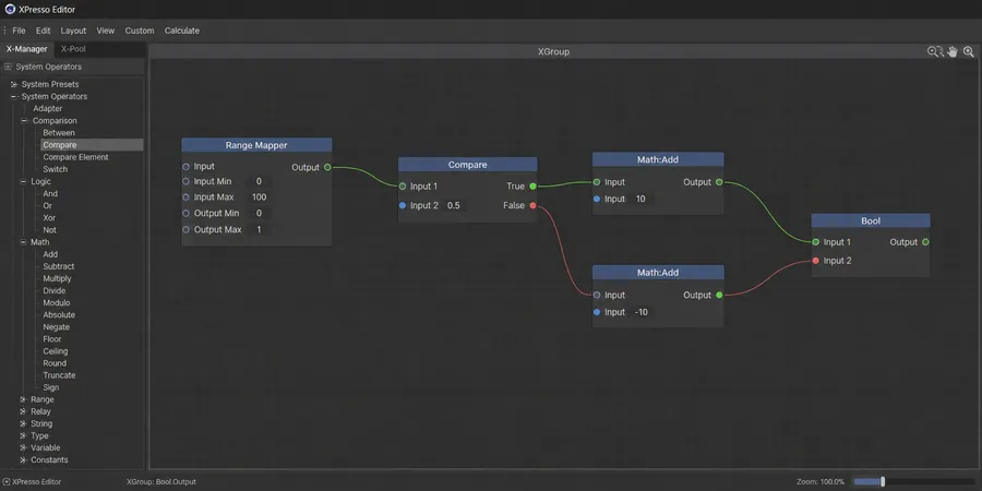 Cinema 4D XPresso editor içinde Range Mapper Math Compare düğümleri arasında bağlantı port çizgileri