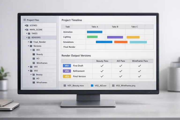 Take düzeniyle ayrılmış varyantlar, numaralı versiyonlar ve çıktı klasörlerine göre organize edilmiş render akışı