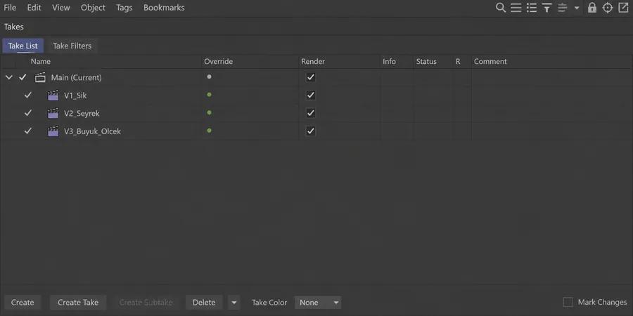 Cinema 4D Take Manager paneli V1_Sik V2_Seyrek V3_Buyuk_Olcek take satırları ve override sütunu
