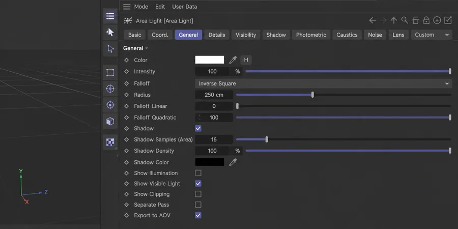 Cinema 4D Area Light attribute paneli Intensity 100 Falloff Inverse Square Shadow Area Samples 16