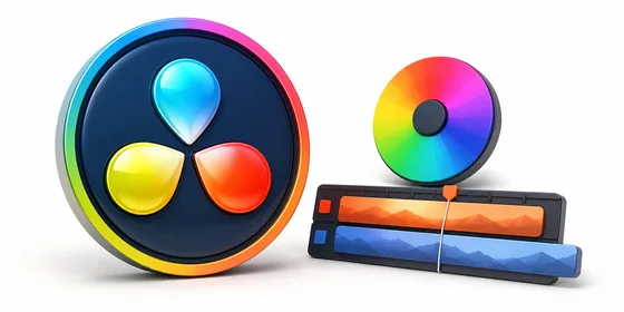 DaVinci Resolve renkli logosu yanında renk tekeri ve kurgu şeridi sade kompozisyonda bembeyaz arka planda