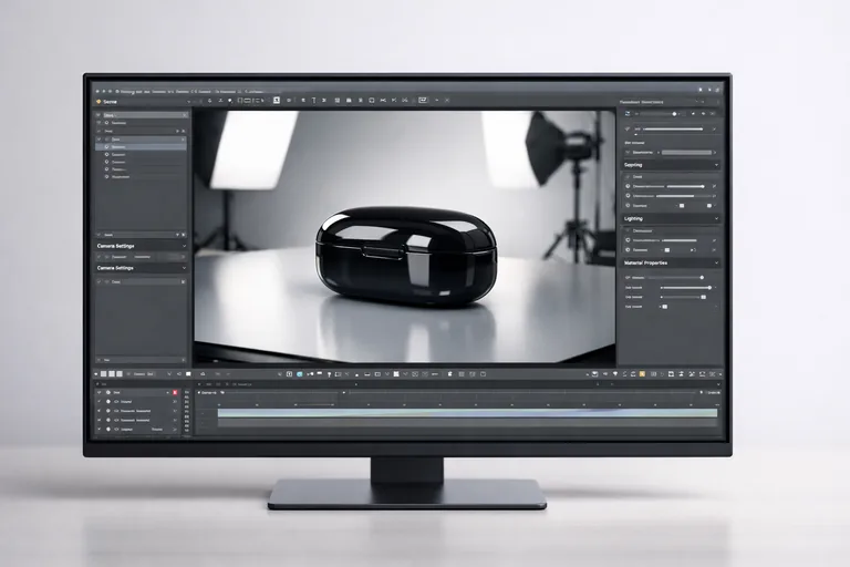 Ürün render sahnesinde parlak yansımaların kontrollü örneklemeyle temiz ve keskin görünmesi