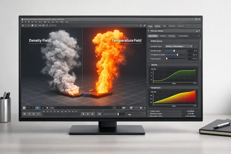 Emitter geometrisi üzerinde density ve temperature alanlarının dağılımı, okunur renk geçişleriyle incelenen teknik kurulum