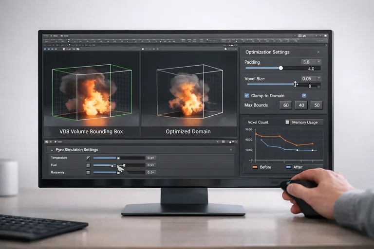 VDB tabanlı duman hacminin sınırları ve yoğunluk bölgeleri, performans için daraltılmış bir domain içinde gösteriliyor