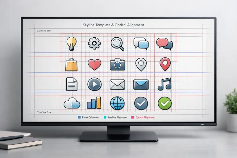 Kılavuz çizgileriyle keyline şablonu üzerinde farklı ikon formlarının optik olarak eşitlenmesi ve boşlukların dengelenmesi