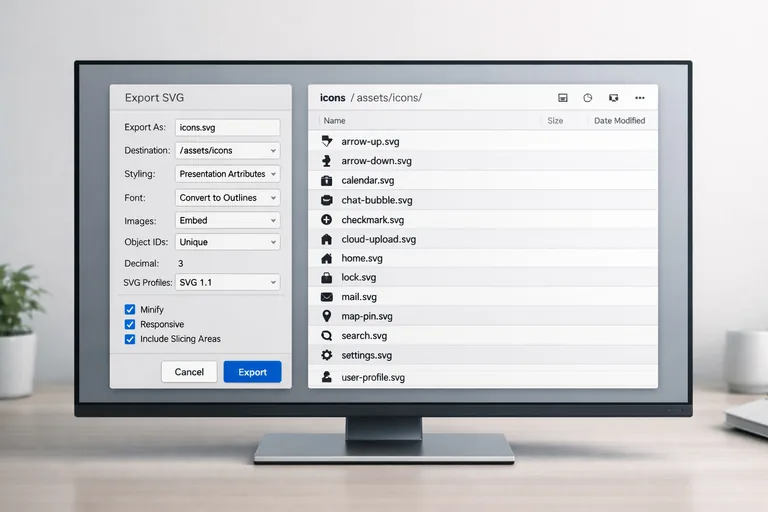SVG export panelinde viewBox, decimal ve temiz çıktı seçenekleriyle ikonların tek standarda göre dışa aktarılması süreci