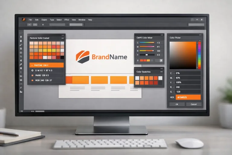 Renk paletinde Pantone ve CMYK örnekleriyle logo renklerinin tutarlı seçilmesini anlatan çalışma düzeni