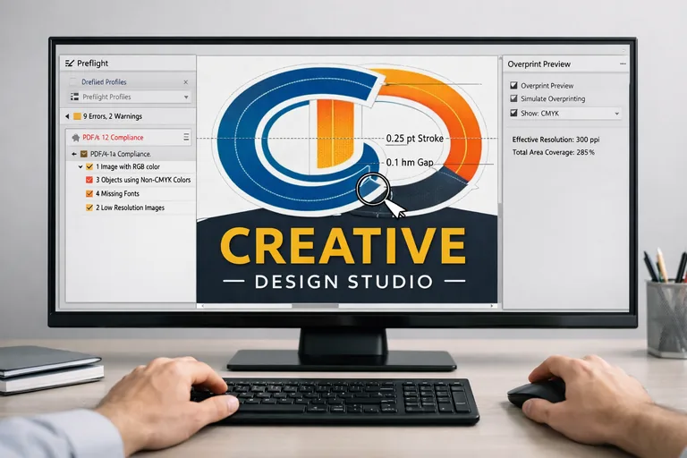 PDF önizlemede overprint simülasyonu ve ince çizgilerin büyütülerek kontrol edilmesini gösteren ekran