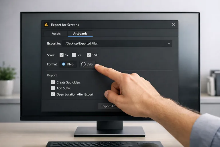 Export penceresinde 1x 2x ölçekleri ve SVG/PDF ayarlarının kontrol edilmesi