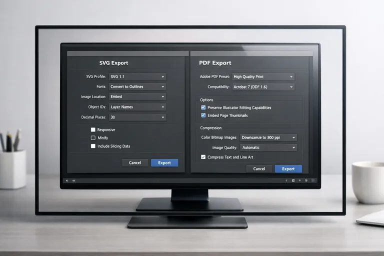 SVG ve PDF çıktıları için aynı vektör tasarımın farklı ayarlarla dışa aktarım seçeneklerini gösteren ekran
