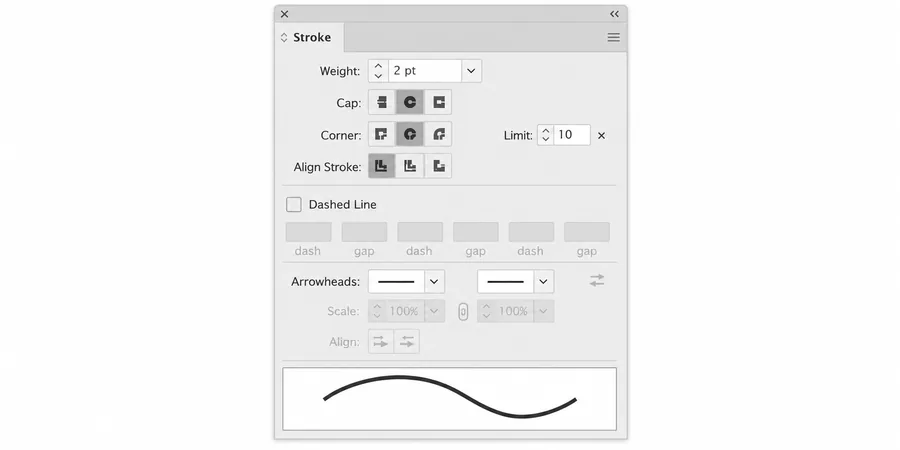 Illustrator Stroke paneli Weight 2 pt Scale Strokes and Effects checkbox işaretli aşağıda Align Stroke butonları