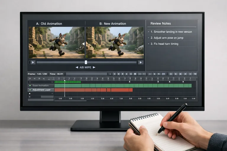 Playblast karşılaştırmasıyla iki farklı revizyon seçeneğinin zaman çizelgesinde A/B olarak incelenmesi