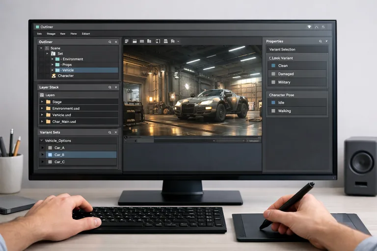 USD Stage Editor üzerinde katmanların ve varyantların kontrol edildiği, farklı departman çıktılarının seçildiği arayüz
