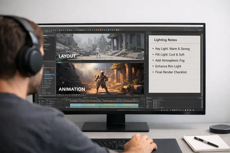 Bir shot dosyasında layout ve animasyon katmanlarının ayrı tutulduğu, final ışık ayarlarıyla birleştirildiği çalışma ekranı