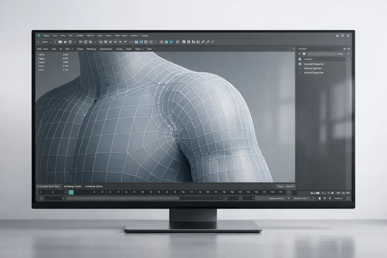 Wireframe görünümde omuz bölgesinde düzgün loop akışı ve gereksiz pole birikimini azaltan düzenleme