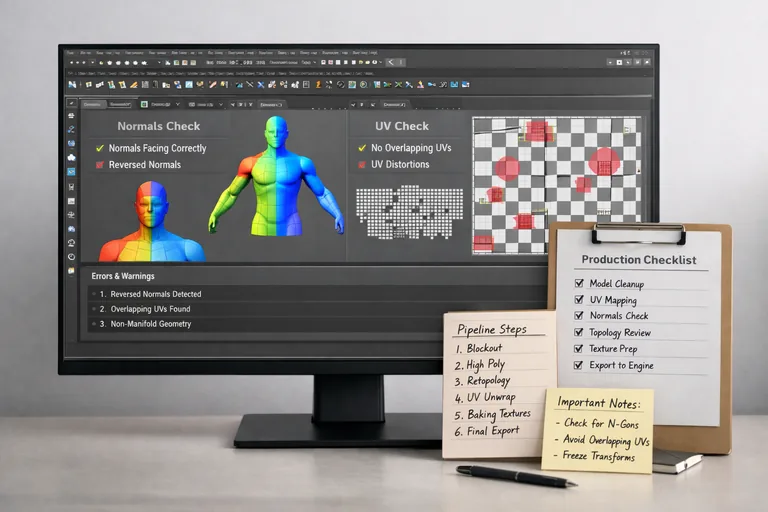 Model teslim öncesi checklist adımlarını gösteren ekranda UV kontrolü, normal denetimi ve export testi akışı