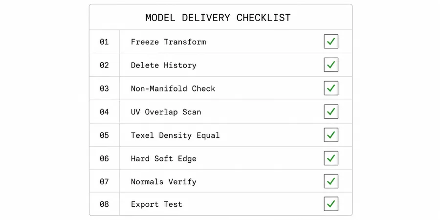 Model teslim kontrol listesi sıralı maddeler Freeze Transform Delete History UV Overlap Texel Density Normals yeşil tick