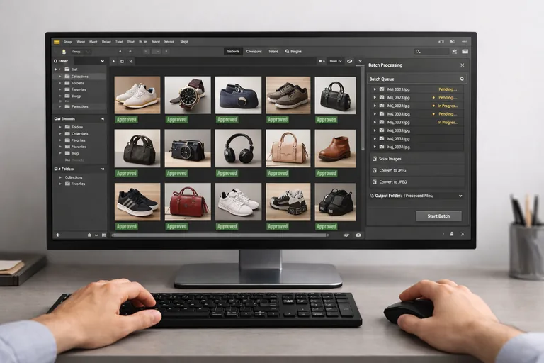 Bridge üzerinde filtrelenmiş dosyaların seçilip otomatik işlem kuyruğuna gönderildiği, etiket ve yeniden adlandırma adımlarını vurgulayan arayüz