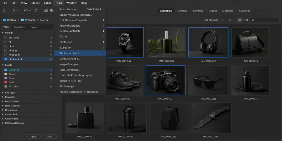 Adobe Bridge filtre paneli thumbnail grid seçili dosyalar Tools Photoshop Batch dropdown menü vurgulu