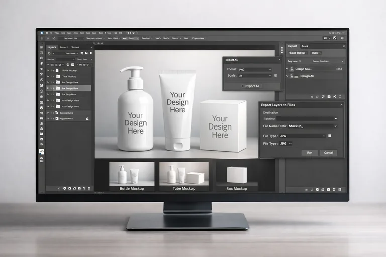 Aynı ürün varyantlarının tek şablonda akıllı nesneyle güncellenip farklı çıktı boyutlarına hazırlanması süreci