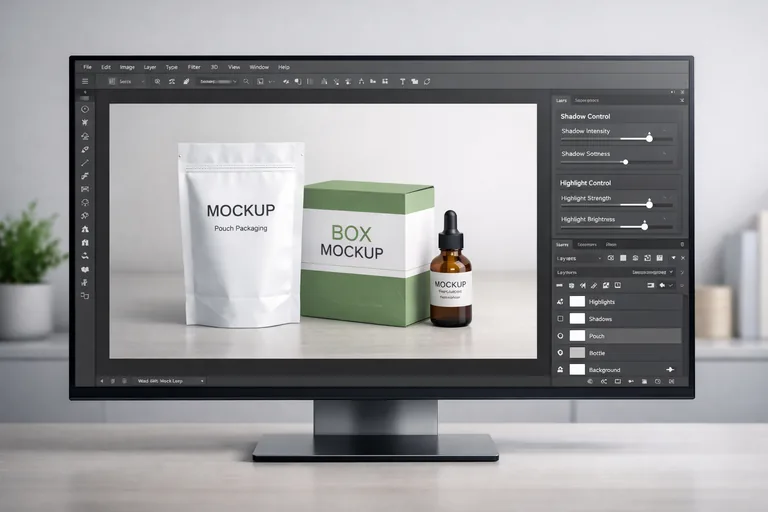 Katman grupları numaralandırılmış, gölge ve parlama efektleri ayrı yönetilen düzenli bir mockup çalışma dosyası