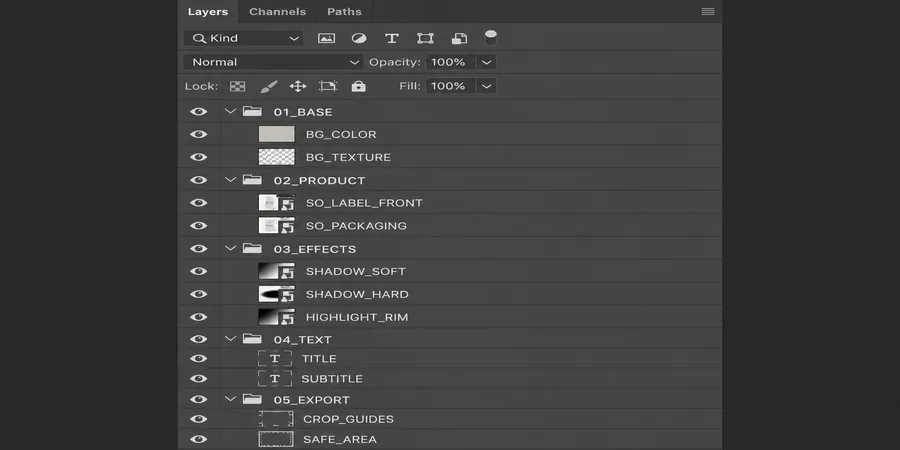 Photoshop dosyasında numaralı 01_BASE 02_PRODUCT 03_EFFECTS 04_TEXT 05_EXPORT katman grupları hiyerarşisi