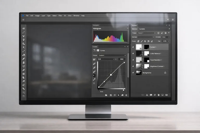 Renk ve kontrast için ayrı ayarlama katmanlarıyla düzenlenen ürün çekimi kompozisyonu ve katman listesi