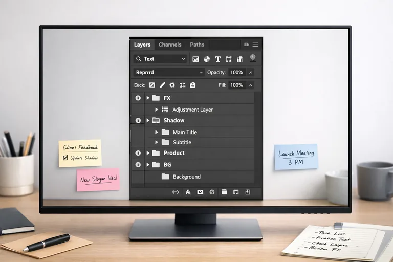 Ekip paylaşımı öncesi gruplandırılmış katmanlar, etiketlenmiş akıllı nesneler ve düzenli klasör hiyerarşisi