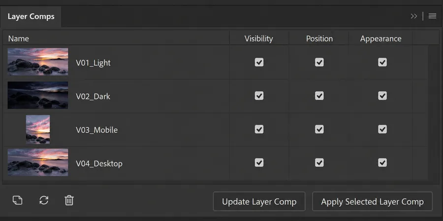 Photoshop Layer Comps paneli farklı varyasyon snapshot satırları ve Update Apply butonlarıyla görünüm