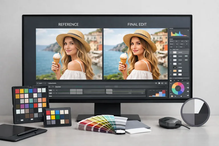 Renk tutarlılığı için referans kareyle yan yana kontrol edilen ton eğrileri ve seçici renk ayarları ekranı