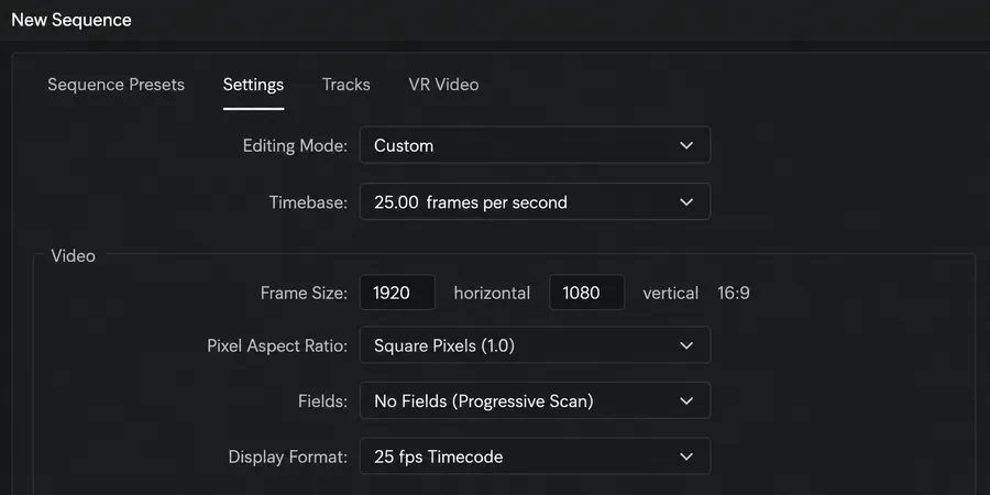 Premiere Pro Sequence Settings dialog Editing Mode Custom Frame Size Pixel Aspect Ratio Timebase 25 fps ayarları