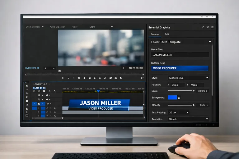 Essential Graphics panelinde düzenlenmiş alt bant ve başlık şablonları bulunan zaman çizelgesi