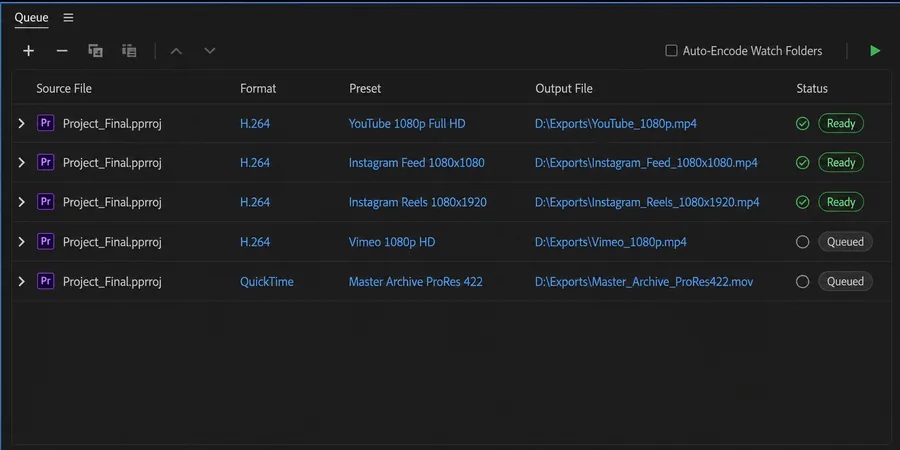 Adobe Media Encoder platform bazlı export preset kuyruğu Adobe Media Encoder Queue Vimeo YouTube Instagram preset satırları H.264 mp4 hedef profil