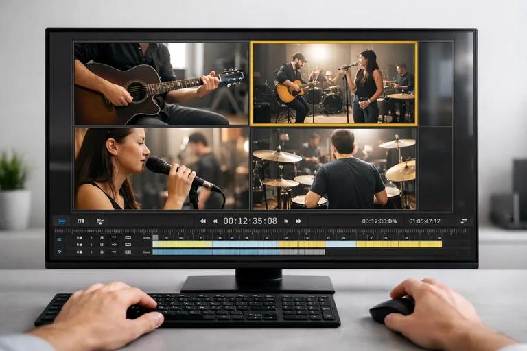 Program Monitor içinde çoklu kamera görünümünde açı seçimi yapılırken aktif karelerin vurgulanması