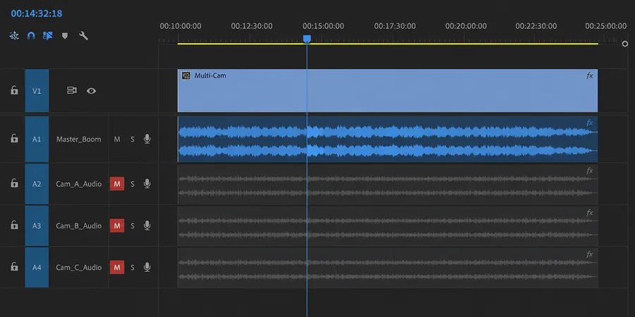 Premiere Pro Timeline A1 master ses bağımsız mavi dalga A2 A3 A4 kamera ses muted referans katman