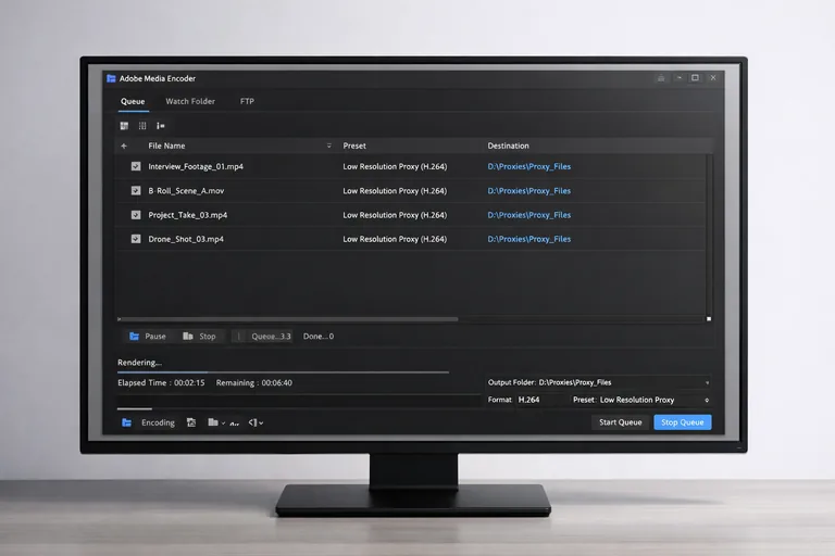 Media Encoder kuyruğunda aynı preset ile toplu proxy üretimi ve klasör hedefi seçimi görünümü