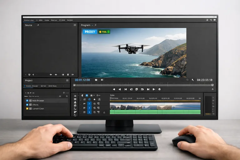 Program Monitor üzerinde Toggle Proxies düğmesi eklenmiş, akıcı oynatma için playback çözünürlüğü ayarlanmış arayüz