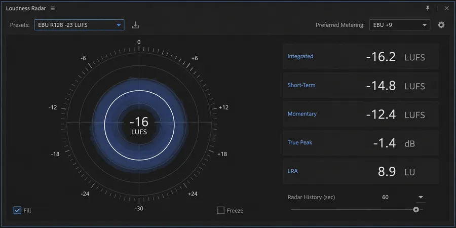 Premiere Pro Loudness Radar metre Integrated -16 LUFS True Peak -1.5 dB LRA 9 hedef değerleri