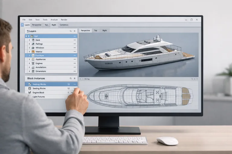 Katmanları sadeleştirilmiş bir Rhino dosyasında blok mantığıyla tekrar eden parçaların düzenlenmesi