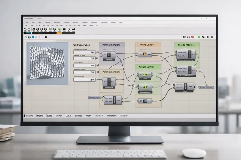 Grasshopper tuvalinde modül sayısı ve aralık parametreleriyle güncellenen ızgara tabanlı cephe kurgusu ve notlandırma düzeni