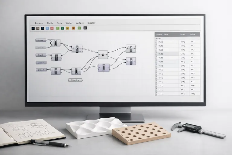Veri ağacı dallarının panel üzerinden takip edildiği ve her dalın farklı kalınlık değerleriyle eşleştiği parametrik panelleme düzeni