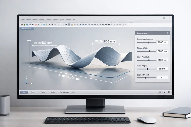 Rhino ve Grasshopper birlikte kullanılarak eğri boyunca değişken genlikte dalga üreten ve ölçülerle kontrol edilen şerit form çalışması