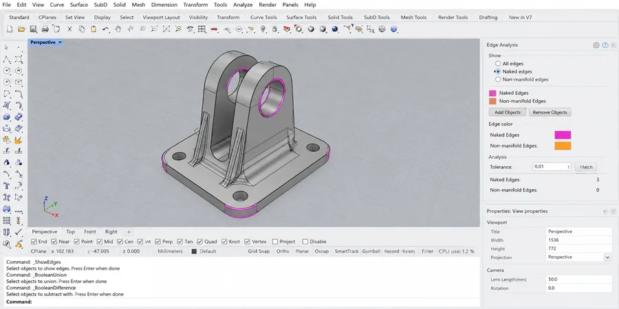 Rhino ShowEdges paneli Naked Edges sayacı ve Boolean Union Difference komutları sonrası kapalı polysurface