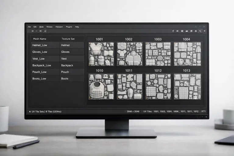 UDIM tile düzeninde parça isimleriyle eşleşen low ve high setlerinin düzenli yerleşimi