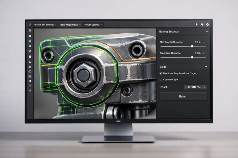 Cage ile ray mesafesi dengelenmiş bir parçanın temiz normal haritası ve kenar aşınma maskesi sonucu