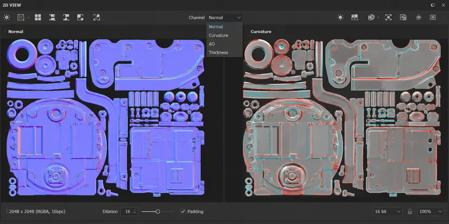 Substance 2D View penceresinde Normal map ve Curvature haritası yan yana solo görünümü dilation padding 16 ayarlı